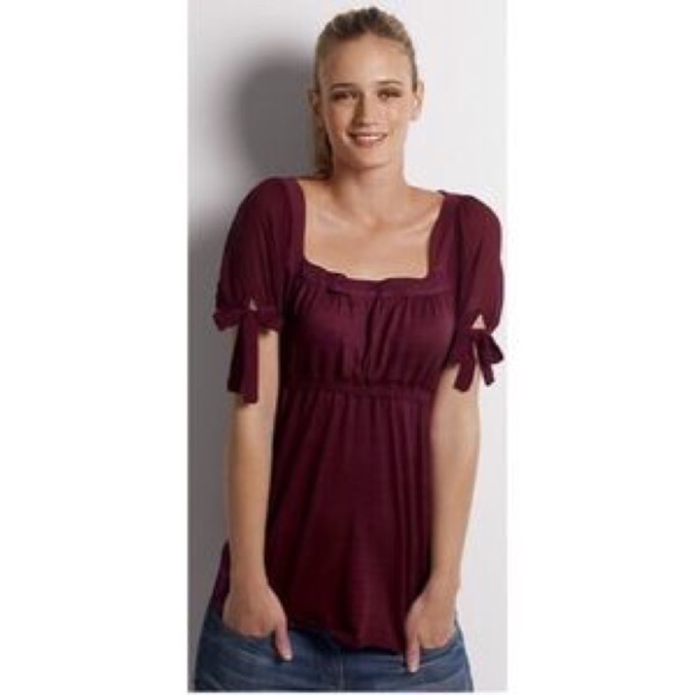 ANTHROPOLOGIE Moth Burgundy Peasant Cotton Top S